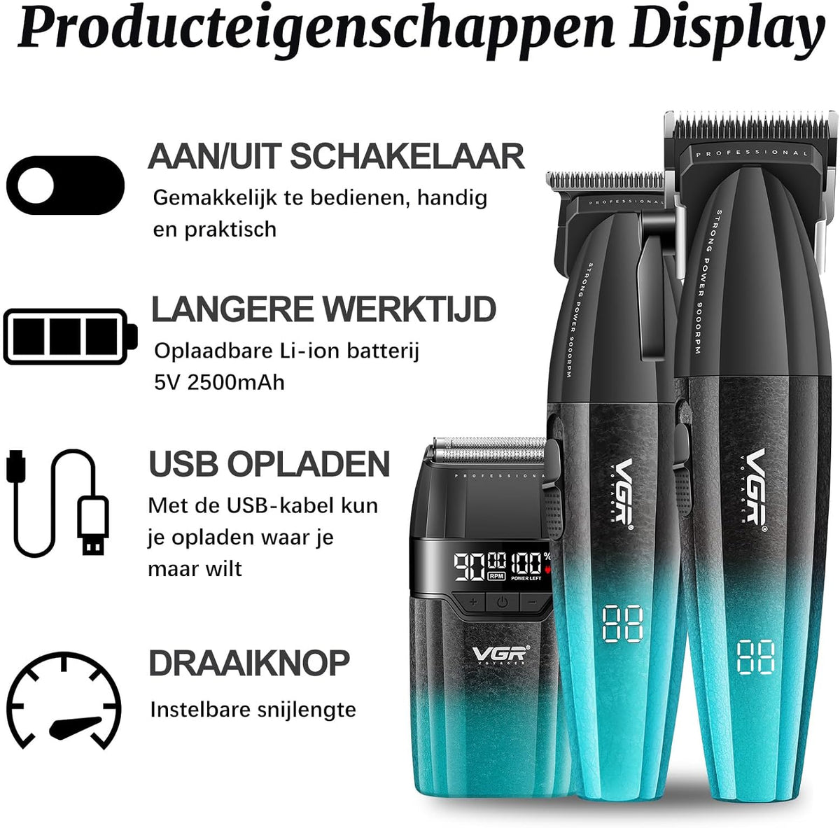 VGR 640 S3 Tondeuse voor Mannen, Oplaadbare Haarknipset, Professionele Fade Trimmer en Foil Scheerapparaat Set, Draadloze Haarverzorgingsmachine met LED Display voor Barbers en Thuisgebruik, Groen