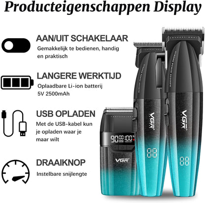 VGR 640 S3 Tondeuse voor Mannen, Oplaadbare Haarknipset, Professionele Fade Trimmer en Foil Scheerapparaat Set, Draadloze Haarverzorgingsmachine met LED Display voor Barbers en Thuisgebruik, Groen