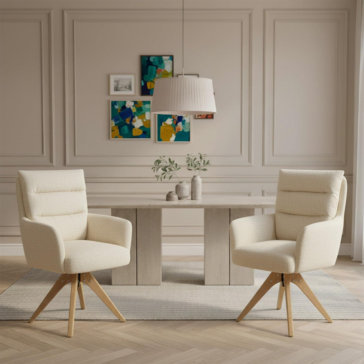DUBI Möbel Dining chair Mika-Juna, cream, frame 360° rotatable oak oiled nature - QUORE