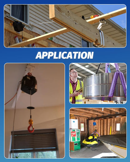 NEWTRY 500 kg elektrische lier 1600 W PRO, met 2 bovenste haken, 2 draadloze afstandsbedieningen 9 m treinen met eindschakelaar