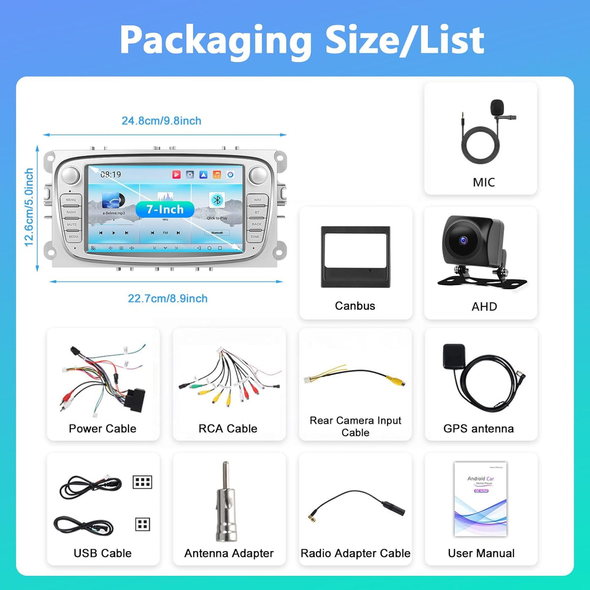 4 + 64G Motorsi autoradio voor Ford Focus II/S-Max met Carplay Android Auto aangedreven door Qualcomm-processor, 7 inch touchscreen Bluetooth/WiFi/EQ/FM/RDS/GPS Navigatie/SWC/Canbus/Split Screen +