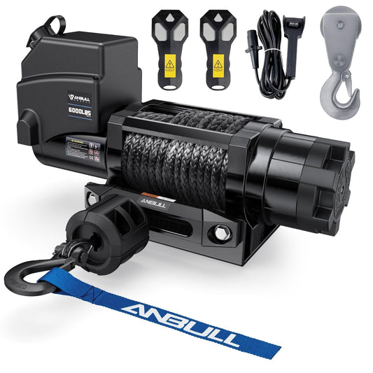 Anbull Elektrische lier 12 V 12 V 6.000 LBS / 2722 kg, IP68 waterdicht, geen bedrading nodig, synthetische kabel 6,3 mm x 16,8 m, nylon touw, geschikt voor quad, ATV, UTV