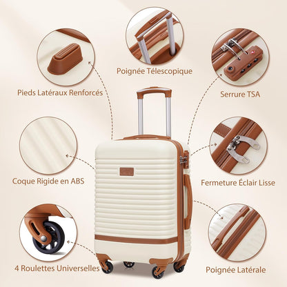 COOLIFE Koffer trolley koffer reiskoffer van ABS harde schaal trolley 4 wielen TSA-slot De koffer bevat 1 reisrugzak en 1 toilettas, wit/bruin., Koffer-Set 5tlg, Reisset, prachtig ontworpen,
