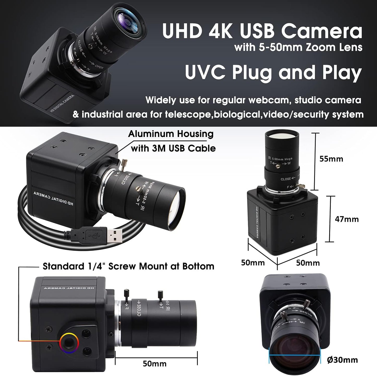 Svpro USB Web Camera 5-50mm Handmatig Zoom Varifocal 4K High Definition Mini Box Cmos USB Camera HD