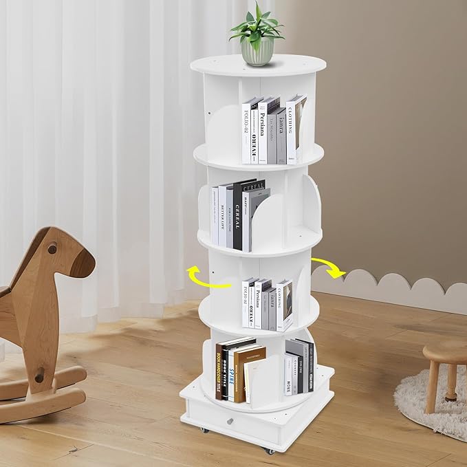 Bookcase, 4 Levels, 16 Compartments, Rotatable, Freestanding, Book Holder with Universal Wheels for Storing a Large Number of Books, Magazines, Craft Decorations, CDs, Etc. (White) - QUORE