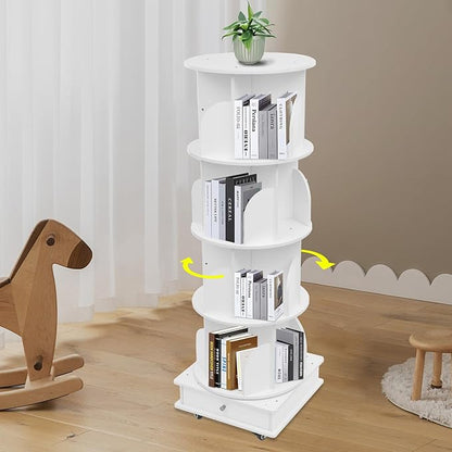 Bookcase, 4 Levels, 16 Compartments, Rotatable, Freestanding, Book Holder with Universal Wheels for Storing a Large Number of Books, Magazines, Craft Decorations, CDs, Etc. (White) - QUORE