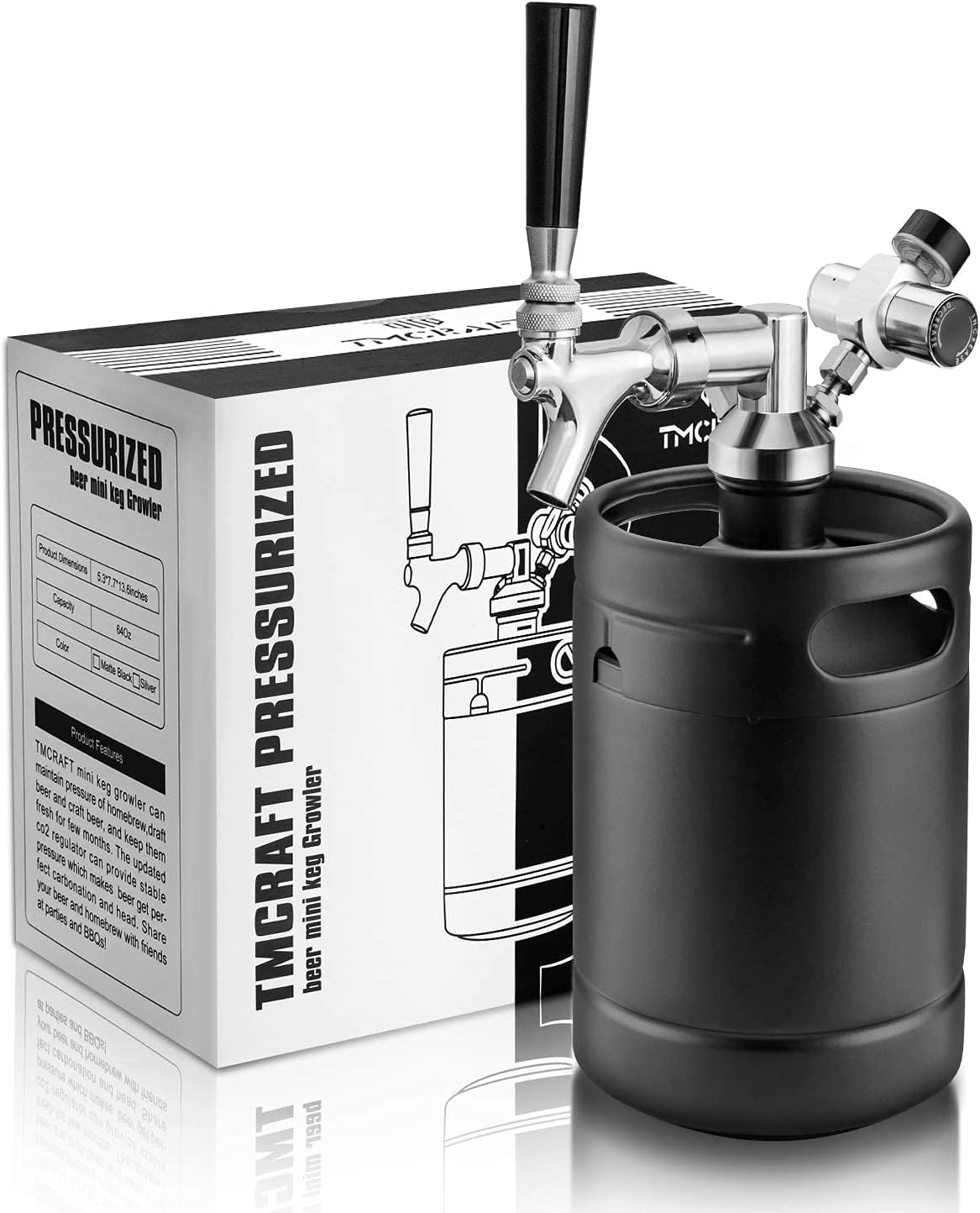 TMCRAFT 2 liter (64 oz) mini roestvrijstalen biervat met bierdispenserset, draagbare growler keg met bierkraan onder zelfregelingssysteem en CO2-regelaar houdt drank vers en koolzuurhoudend