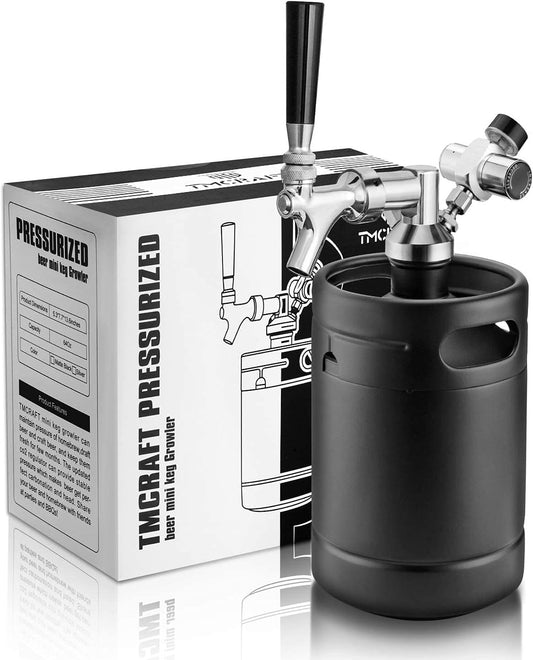 TMCRAFT 2 liter (64 oz) mini roestvrijstalen biervat met bierdispenserset, draagbare growler keg met bierkraan onder zelfregelingssysteem en CO2-regelaar houdt drank vers en koolzuurhoudend