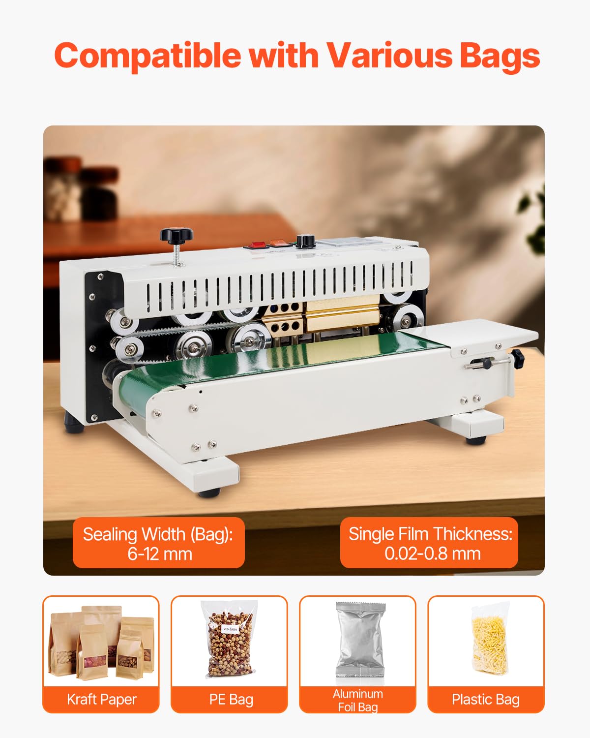 VEVOR Doorlopende zakbandsluitmachine, 6-12 mm afdichtingsbreedte, horizontale bandsealmachine met digitale temperatuurregeling, koolstofstalen zakverzegelaar voor 0,02-0,8 mm plastic zakkenfilms