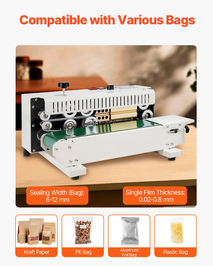 VEVOR Doorlopende zakbandsluitmachine, 6-12 mm afdichtingsbreedte, horizontale bandsealmachine met digitale temperatuurregeling, koolstofstalen zakverzegelaar voor 0,02-0,8 mm plastic zakkenfilms