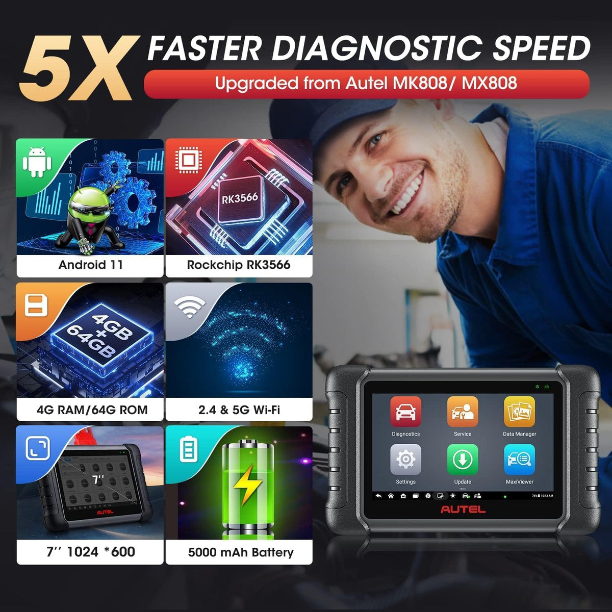 Autel MaxiCheck MX808S: 2024 Bidirectionele Tool zoals MK808S MK808BT Pro MK808K-BT, Functie zoals MaxCOM MK900, 28+ Service, Real Active Test, Scan All OE System, Injector Codierung, Android 11