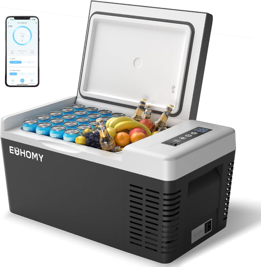 EUHOMY Compressorkoelbox, 18 l, auto-koelkast -20 °C ~ 20 °C, draagbare koelkast, 12/24 V DC 100-240 V AC, draagbare vriezer met wifi-app-besturing voor camping, reizen, boot