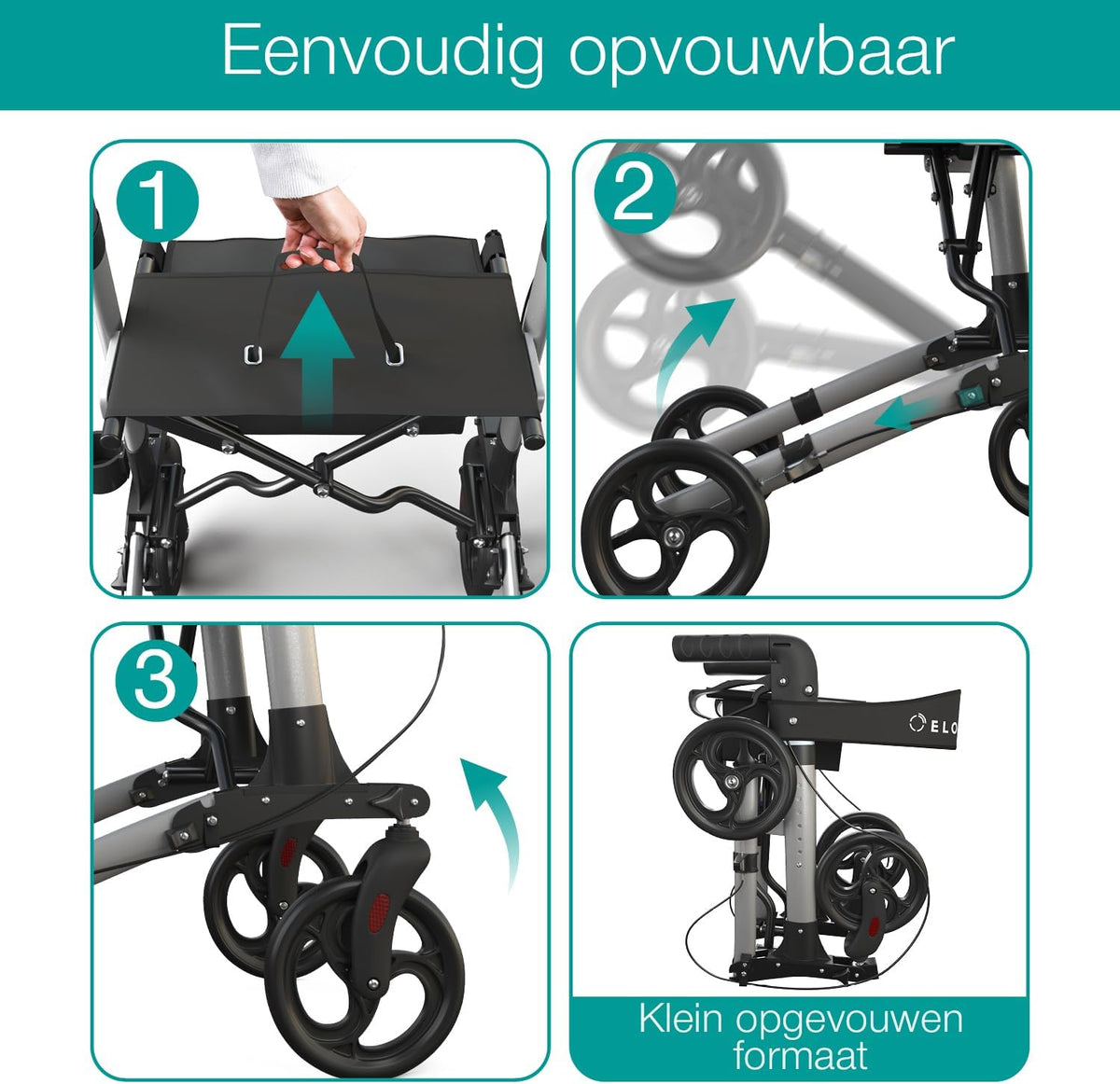 ELONEO Lichtgewicht Rollator met Zitje - Opvouwbare Aluminium Rollator voor Senioren, 8 Verstelbare Hoogtes, 3-voudig Opvouwbaar Loophulpmiddel met Tas & Parapluhouder, Past in Auto (Zilver)