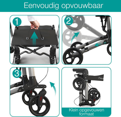 ELONEO Lichtgewicht Rollator met Zitje - Opvouwbare Aluminium Rollator voor Senioren, 8 Verstelbare Hoogtes, 3-voudig Opvouwbaar Loophulpmiddel met Tas & Parapluhouder, Past in Auto (Zilver)