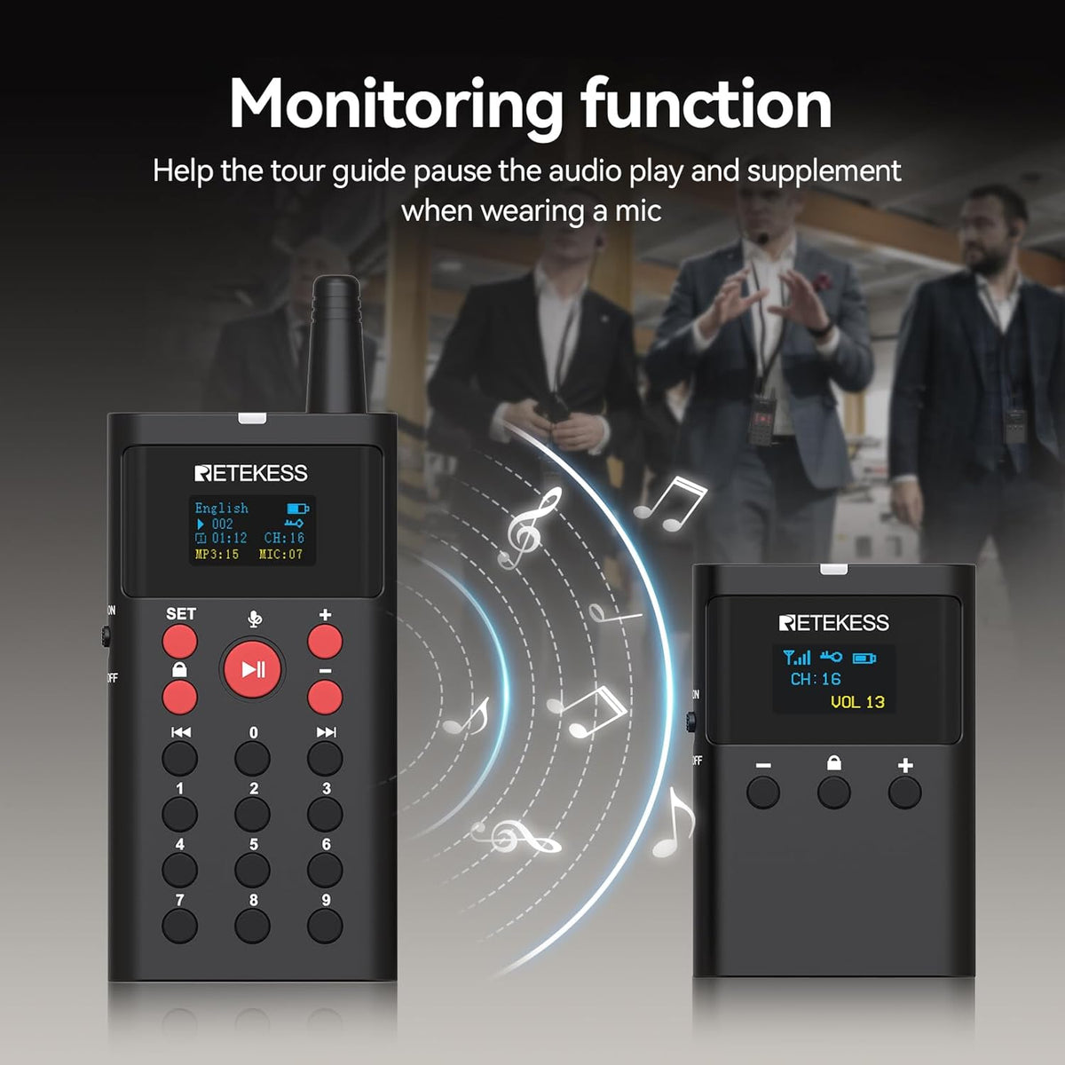 Retekess TT127 Audio Whisper Tour Guide System, Tour Guide System, Uitlegmodus voor Twee Personen, On-Demandfunctie, 200 m, voor Museumtentoonstellingen(1 zenders 10 ontvangers)