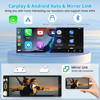 Hikity Autoradio 1 Din 6. 9 Inch met Wireless Carplay Android Auto, Auto Radio Touch Screen met Mirror Link, MP5 FM Receiver USB Type-C EQ SWC MIC Achteruitkijkcamera
