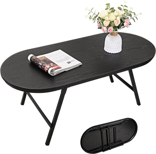 Zwarte Kleine Salontafel Houten Ovale Opvouwbare Lage Salontafels met Metalen Benen Draagbare Vloer Tafel Bureau voor Woonkamer Kleine Ruimten Appartement Oudoor Gebruik - QUORE