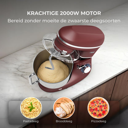 Keukenmachine - 2000W - RVS Mengkom (6,2 L) - Keukenrobot - Mixer met Garde, Deeghaak en Menghaak - Incl. extra Accessoires – Rood