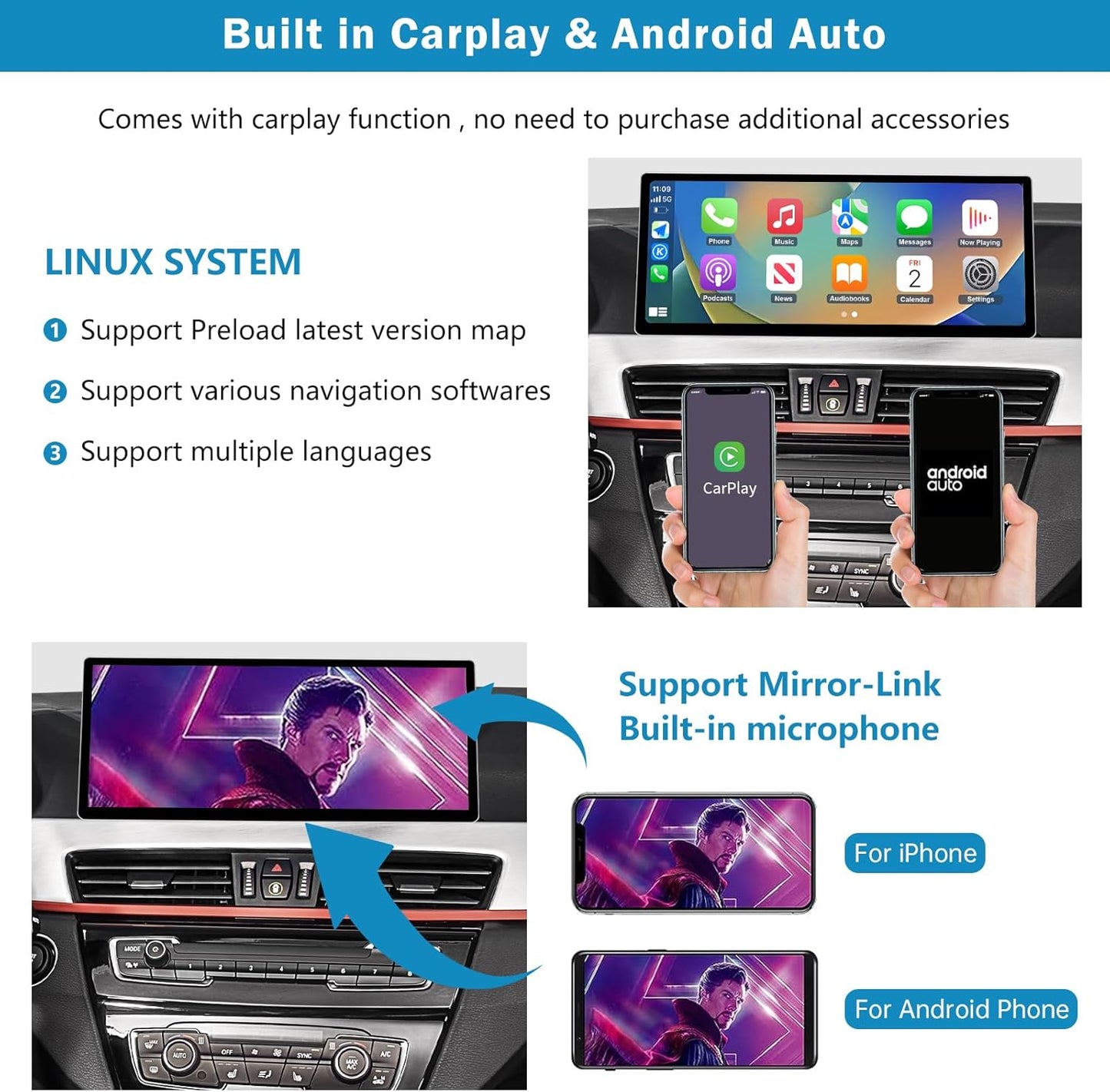 Ninetom 12,3-inch autoradio met touchscreen, draadloze CarPlay en Android Auto voor BMW X1-serie F48 (2015-2018) met NBT-systeem, ondersteunt MirrorLink, camera en navigatie
