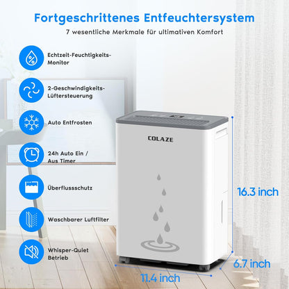 Colaze Luchtontvochtiger 20L/24U, Elektrische Luchtontvochtiger voor een ruimte van ca.150m³(50m²), Stille elektrische ontvochtiger, Elektrische kamerluchtontvochtiger voor appartement, kelder