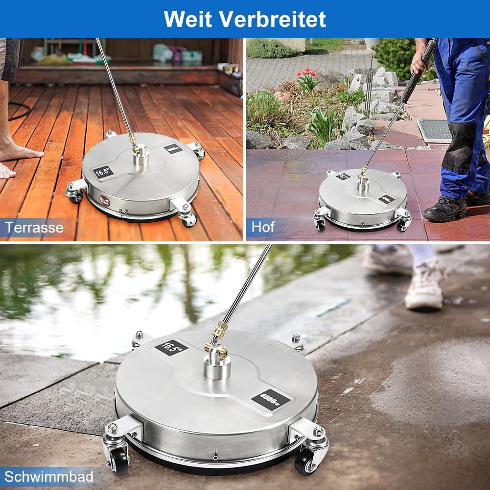 Hogedrukreiniger – Oppervlaktereiniger – Drukspuit – Terrasreiniger – Reinigingsmachine – Roestvrij Stalen Constructie – Twee Roterende Sproeiers – 2000-4000 PSI – Vier Wielen – 2 Verlengstaafopzetstukken