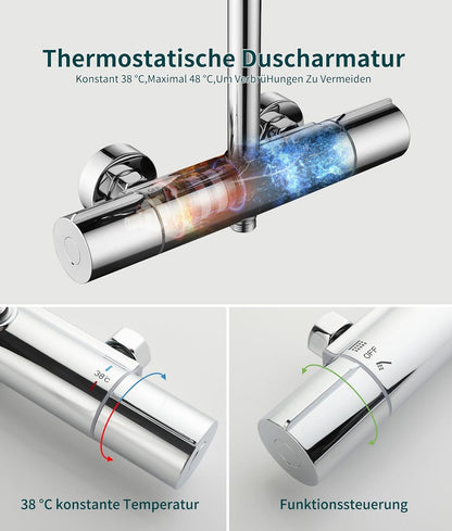 Douchethermostaat – Douche Set – Regendouche – Handdouche – Doucherail – 360° Draaibaar – Thermostaatkraan Met Geheugenfunctie – Roestvrijstalen Kompleet Systeem Chroom
