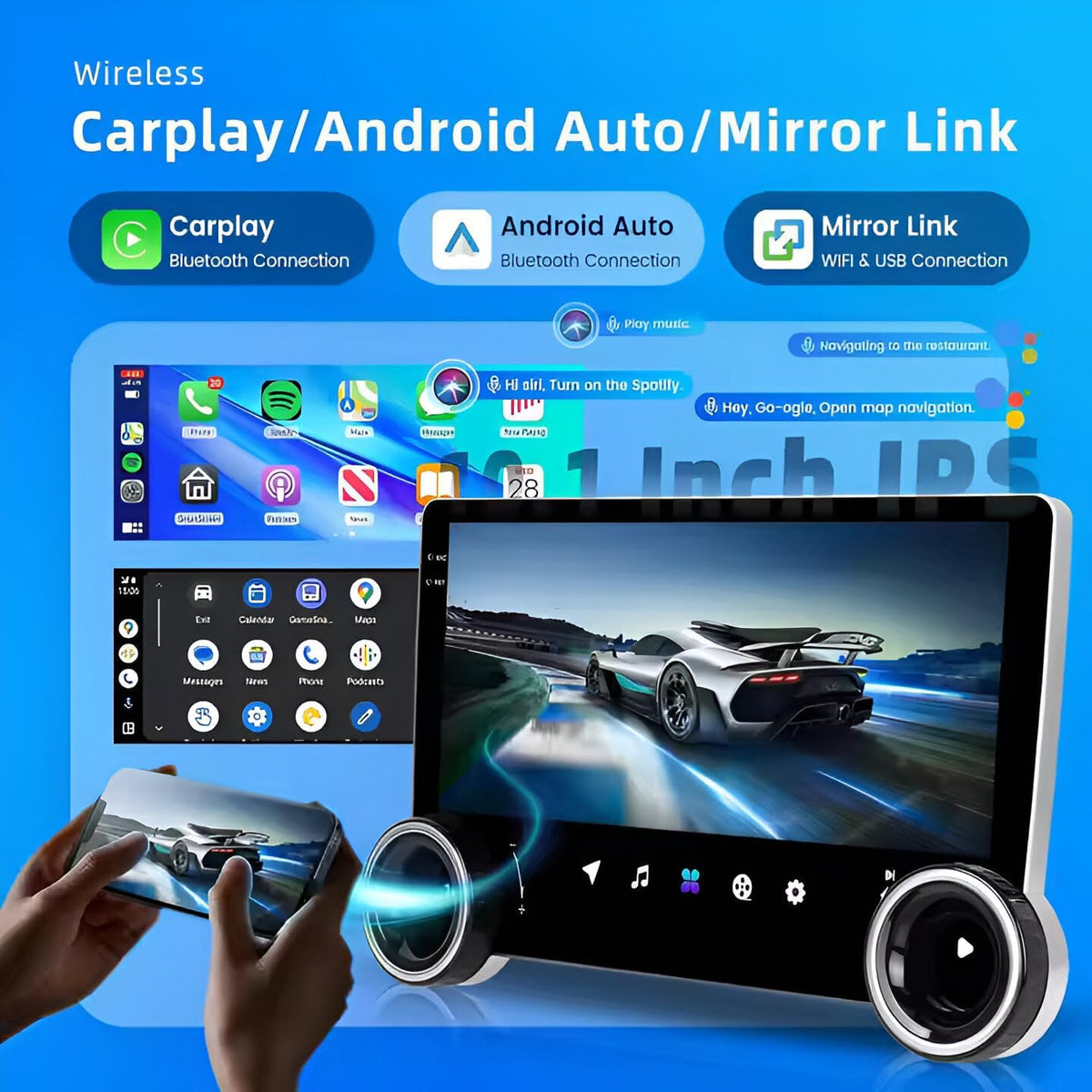 AudioTune Autoradio, 10,1 inch met Android 13 display, Apple Carplay Android auto, draadloos, stereo, bluetooth radio, autodisplay, autodisplay, automonitor, met navigator + FM-handgrepen, USB