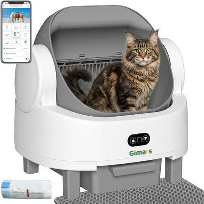 Gimars Open Top Design Zelfreinigende Kattenbak, Automatische Kattenbak voor Meerdere Katten & Senior Katten, App Control met Veiligheidssensoren, Lage Geur, Inclusief Vuilniszakken & Kattenbak, Wit
