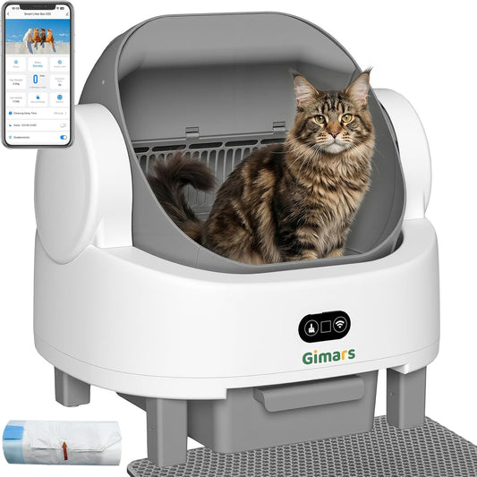 Gimars Open Top Design Zelfreinigende Kattenbak, Automatische Kattenbak voor Meerdere Katten & Senior Katten, App Control met Veiligheidssensoren, Lage Geur, Inclusief Vuilniszakken & Kattenbak, Wit