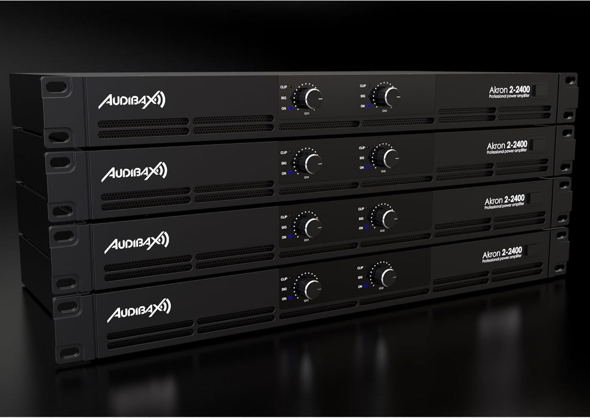 Audibax Akron 2-2400 Digitale versterker, 2-kanaals vermogen, 600 W, eenvoudige geluidsbediening, verbinding in brug-, stereo- of parallelle modus, XLR en speakon