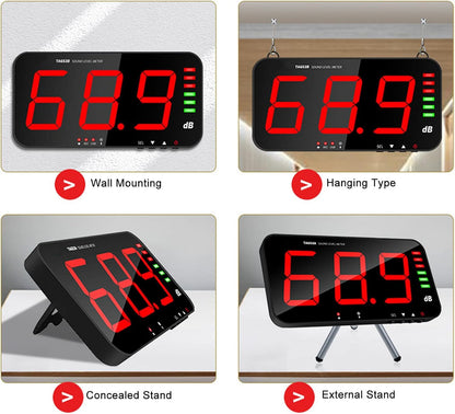 Geluidsniveaumeter, 13 inch scherm Realtime Decibelwaarden Alarmmelding Niveau weergavebalk Decibelmeter Meerdere koelpoorten Muur Opknoping Geluidsmeter voor Klaslokaal, Huis