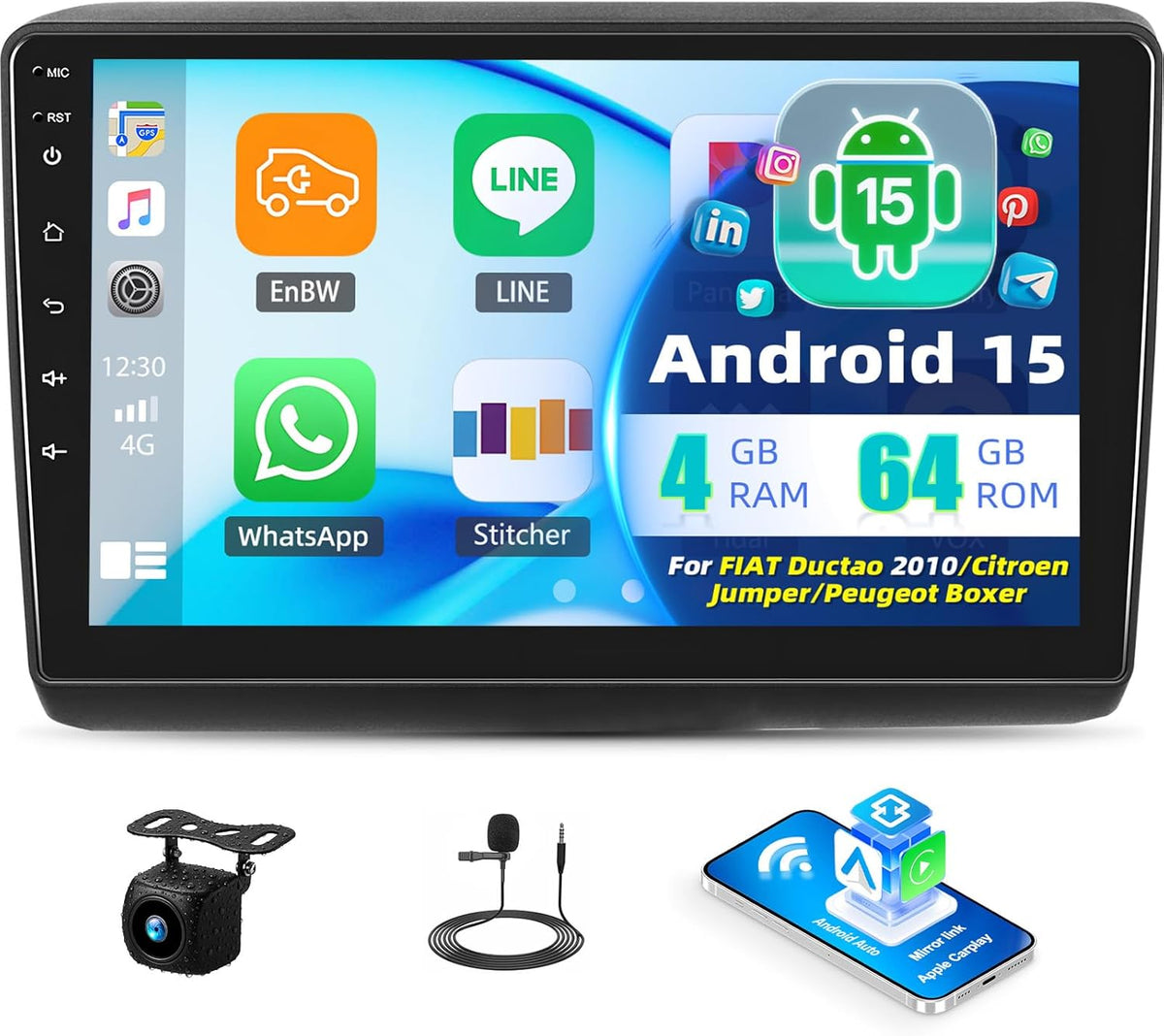 4+64G 9" Touchscreen Android 15 Autoradio für FIAT Ducato/Citroën Jumper/Peugeot Boxer 2011-2022 mit Wireless Carplay Android Auto Mirror Link,Radio Stereo mit Bluetooth GPS WiFi FM/RDS+Rückfahrkamera
