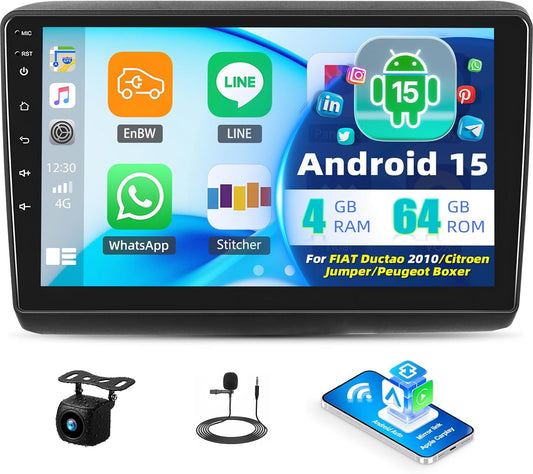 4+64G 9" Touchscreen Android 15 Autoradio für FIAT Ducato/Citroën Jumper/Peugeot Boxer 2011-2022 mit Wireless Carplay Android Auto Mirror Link,Radio Stereo mit Bluetooth GPS WiFi FM/RDS+Rückfahrkamera