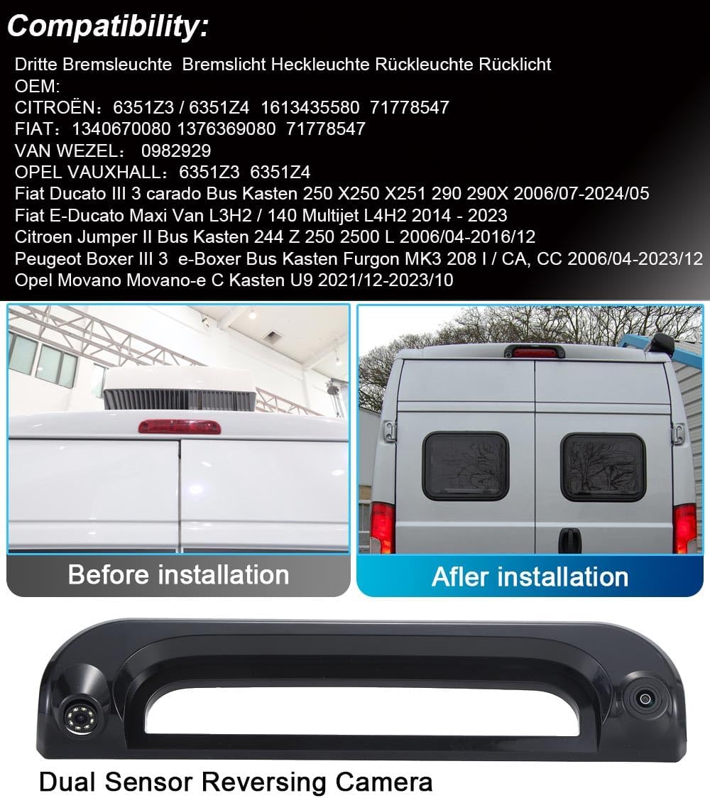 HD 1280Pixels Remlicht Dak Achteruitrijcamera Achteruitrijcamera Dubbele Lens Camera Parkeersysteem Compatibel met Fiat Ducato X250 X251 290 290X/Citroen Jumper 244 Z 250 2500/Peugeot Boxer Furgon MK3