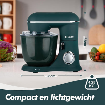 Kitchen in the Box Keukenmachine, 1300W, 10 snelheden, 4.5L + 5L mengkommen, elektrische standmixer met garde, klopper en deeghaak (Donkergroen, 4.5L)
