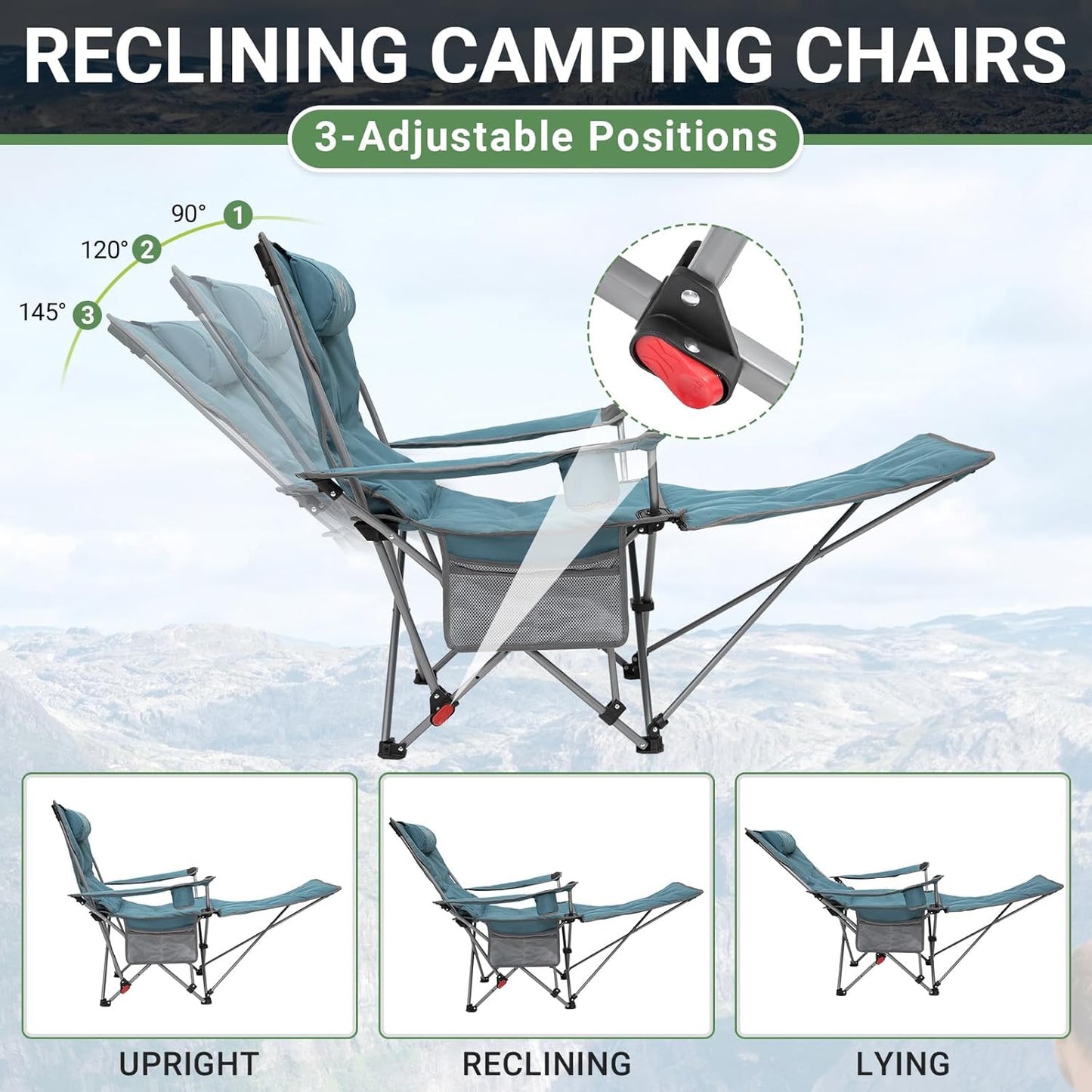 #WEJOY 2-in-1 campingstoel, opvouwbaar met voetensteun, gevoerde ligstoel met verstelbare rugleuning, relaxstoel, ligstoel met bekerhouder, ligstoel voor outdoor, camping, cyaan, set van 2