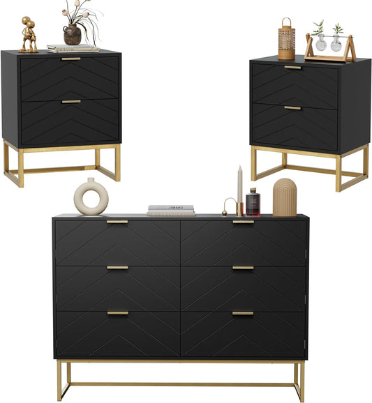 Nachtkastje – Nachttafel – Ladekast – Opbergkast – Meubelset Zwart – 3-Delige Set – MDF Metalen Pootjes – 6 Lades & Mini Poten