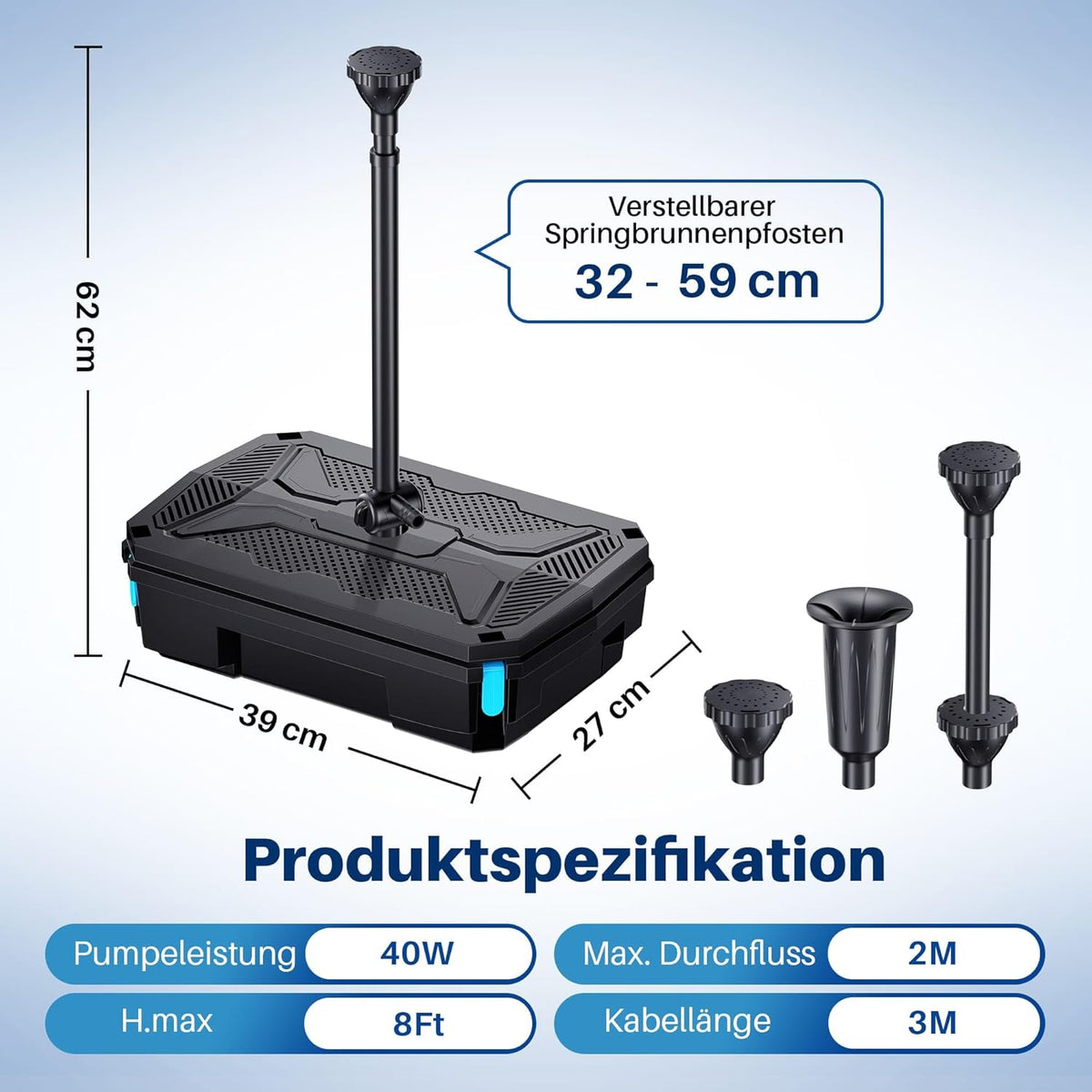 Biling Vijverfilterpomp met uv-zuiveraar, stil, 2500 l/u, all-in-one vijverpomp, complete set met filter, inclusief 3 fonteinsproeiers, voor tuinvijvers tot 3000 liter vishouderij en algenbestrijding