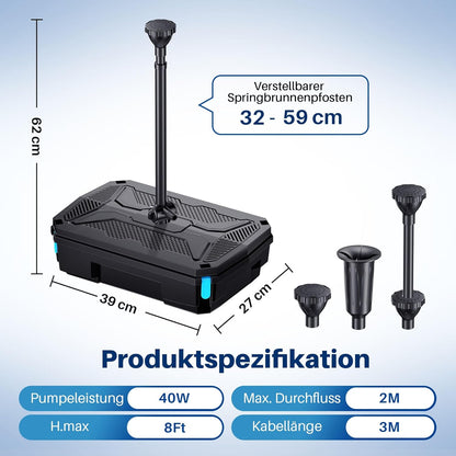 Biling Vijverfilterpomp met uv-zuiveraar, stil, 2500 l/u, all-in-one vijverpomp, complete set met filter, inclusief 3 fonteinsproeiers, voor tuinvijvers tot 3000 liter vishouderij en algenbestrijding
