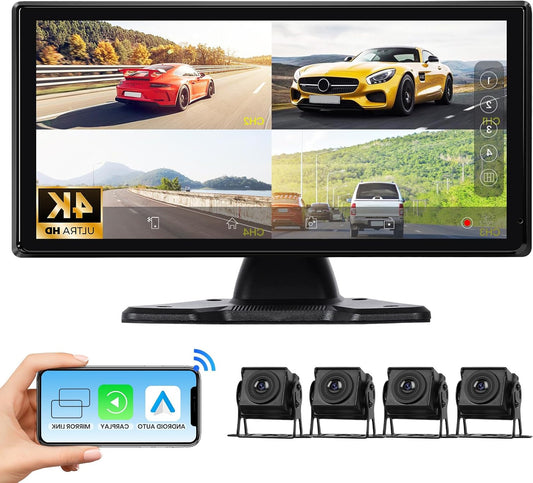 Hodozzy 4k Rear View Camera Set With 4 Ahd Rear Camera Cable, Wireless Carplay Android Auto, 10.36 Inch Touch Screen 4 Split Monitor, Bluetooth, Airplay FM Loop Recording USB/TF, Carplay Screen - QUORE