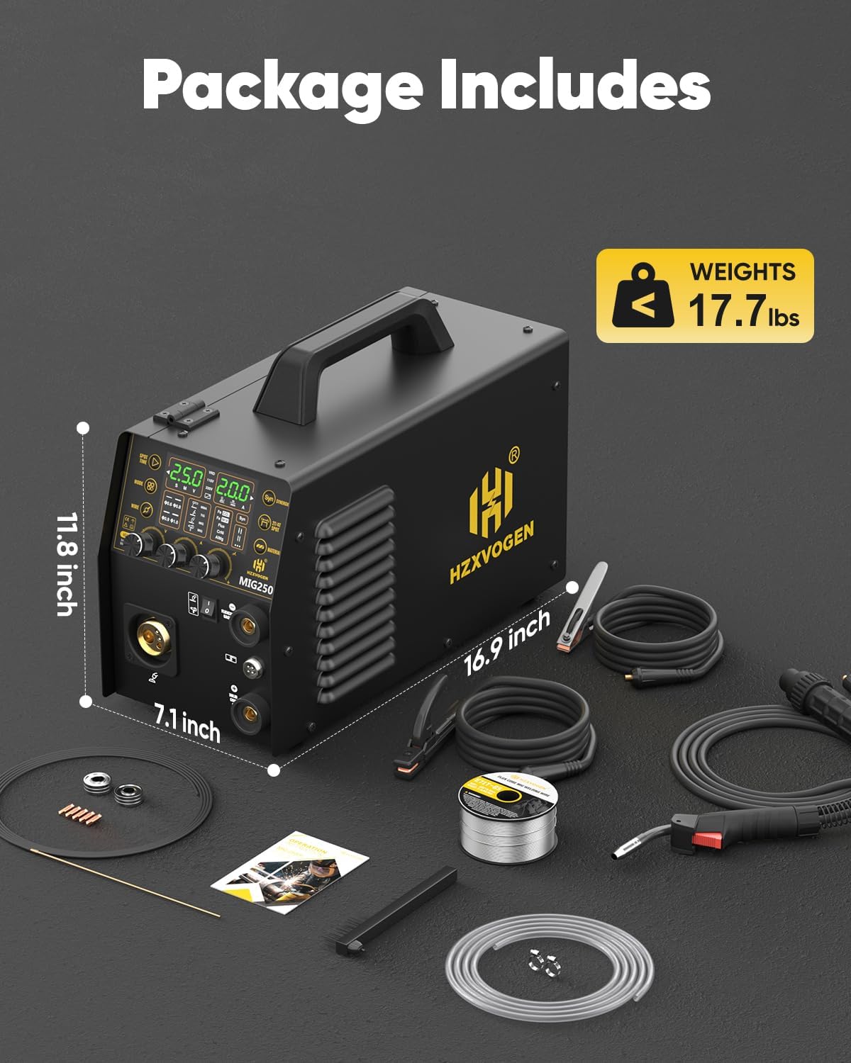 H HZXVOGEN Aluminium MIG-lasapparaat, 250A, 6-in-1, met gas/fluxvulling, gasloos, MIG/Lift TIG/Stick/Punt/Spoel, 110/220V synergetische besturing met LED-digitaal display, verbrandingsregeling