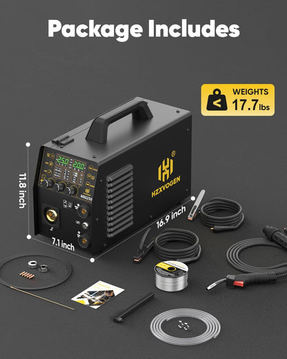 H HZXVOGEN Aluminium MIG-lasapparaat, 250A, 6-in-1, met gas/fluxvulling, gasloos, MIG/Lift TIG/Stick/Punt/Spoel, 110/220V synergetische besturing met LED-digitaal display, verbrandingsregeling