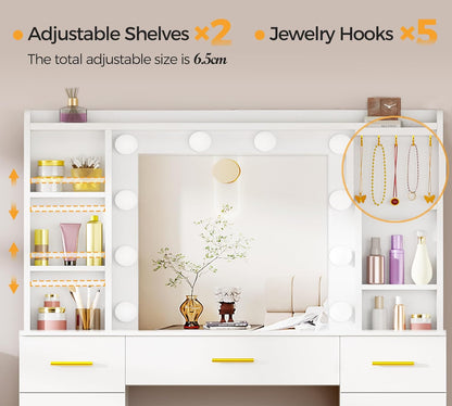 ANWBROAD Large LED Dressing Table, 3 Colours, Adjustable Brightness, Vanity Table with Mirror, Dressing Table with 9 Drawers, 6 Open Shelves, 5 Jewellery Hooks, Modern White BDT89W - QUORE