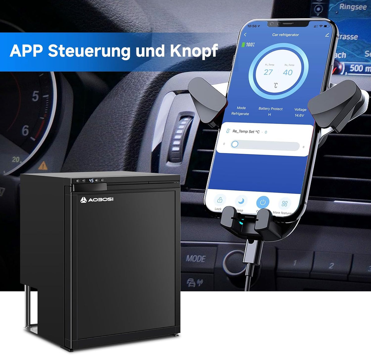 AAOBOSI 65L Compressorkoelkast, APP-Gestuurde Camperkoelkast, 12/24V DC, LED-Verlichte Voertuigkoeler, Bereikt -20 °C, Geschikt Voor Auto's, Vrachtwagens, Boten, Campers, Kamperen en Reizen
