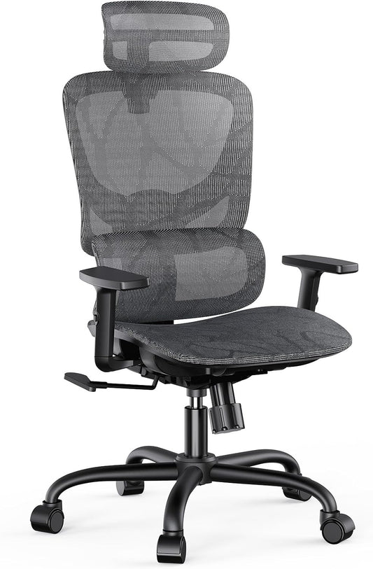 NOBLEWELL Ergonomische bureaustoel met hoge rugleuning, computerstoel van mesh met lendensteun, 3D-armleuning, dubbele rugleuning en verstelbare hoofdsteun