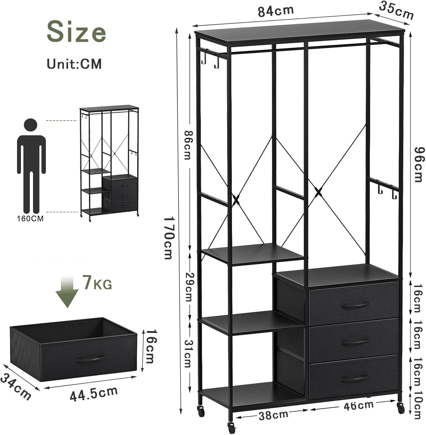 Kledingrek – Open Garderobe – Kledingwagen – Kledingrail – Kledingkast – Zwart Stalen Frame – 3 Laden & Verstelbare Plank
