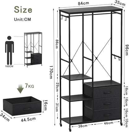 Kledingrek – Open Garderobe – Kledingwagen – Kledingrail – Kledingkast – Zwart Stalen Frame – 3 Laden & Verstelbare Plank