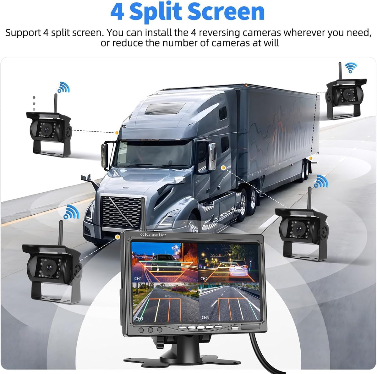 1080P Kabelloses Rückfahrkamerasystem für Wohnmobile, 7-Zoll-Rückfahrkameramonitor für 4 Kanäle mit wasserdichter IP69-Nachtsicht-Front-/Rückfahrkamera für LKW/Wohnmobil/Van/SUV/Pickup mit BSD