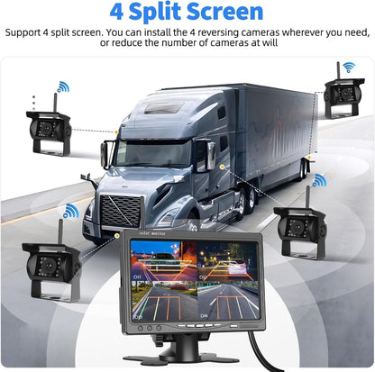 1080P Kabelloses Rückfahrkamerasystem für Wohnmobile, 7-Zoll-Rückfahrkameramonitor für 4 Kanäle mit wasserdichter IP69-Nachtsicht-Front-/Rückfahrkamera für LKW/Wohnmobil/Van/SUV/Pickup mit BSD