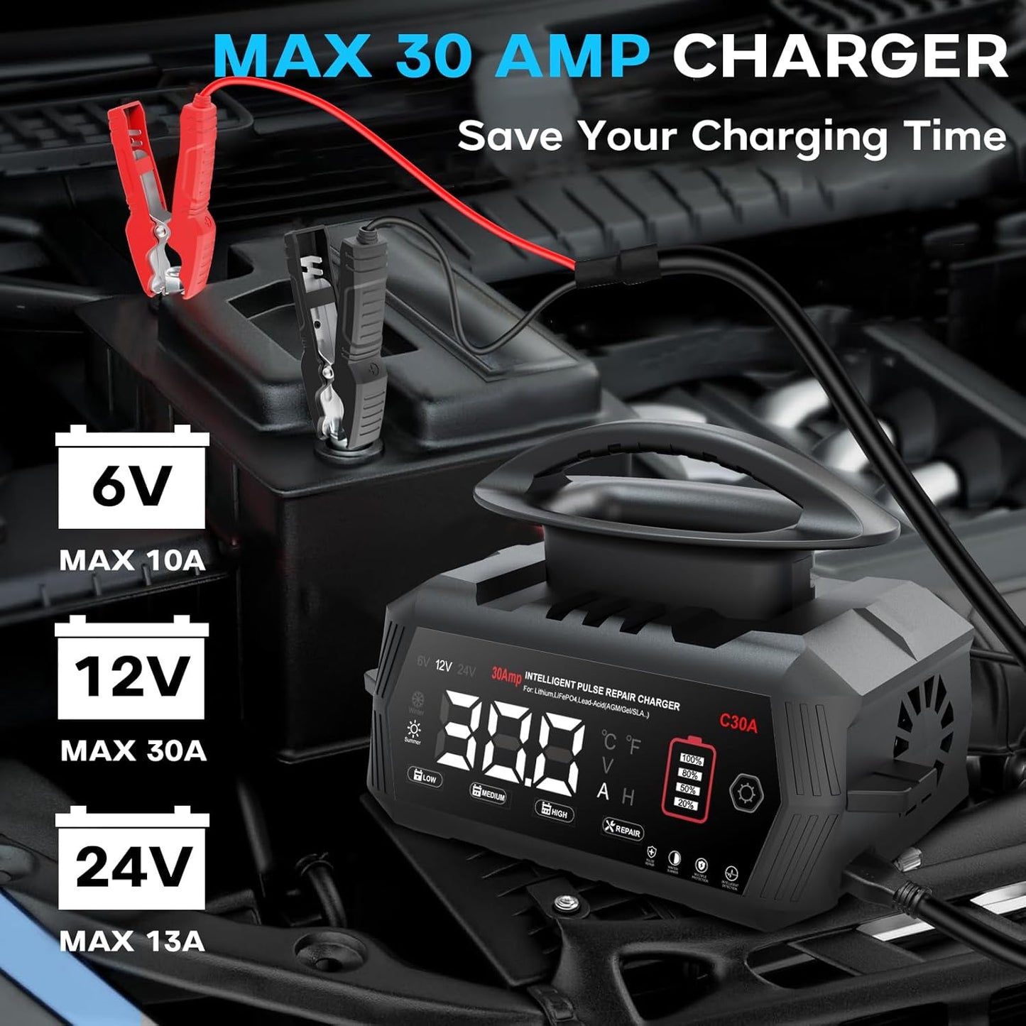 Autoacculader – Acculader – Batterijlader – Oplader – 30A Multi-Volt – Intelligent Laden Met LCD-Display – Herstelmode Voor Loodzuuraccu’s